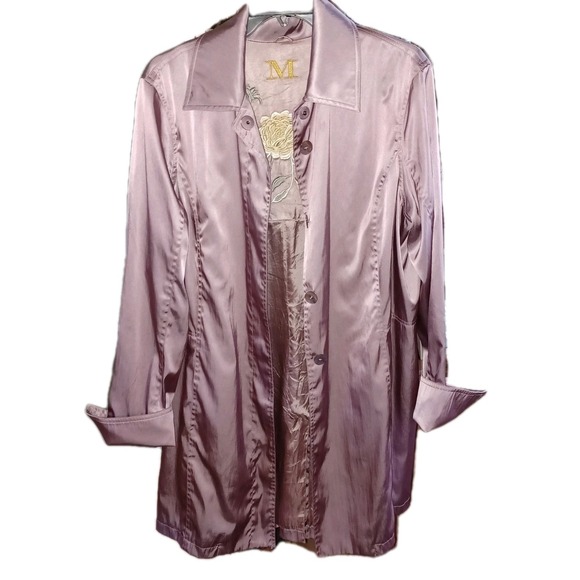 M Monogram Lavender Satin Car Coat Interior Floral Embroidery Mauve Trench L - Picture 7 of 16